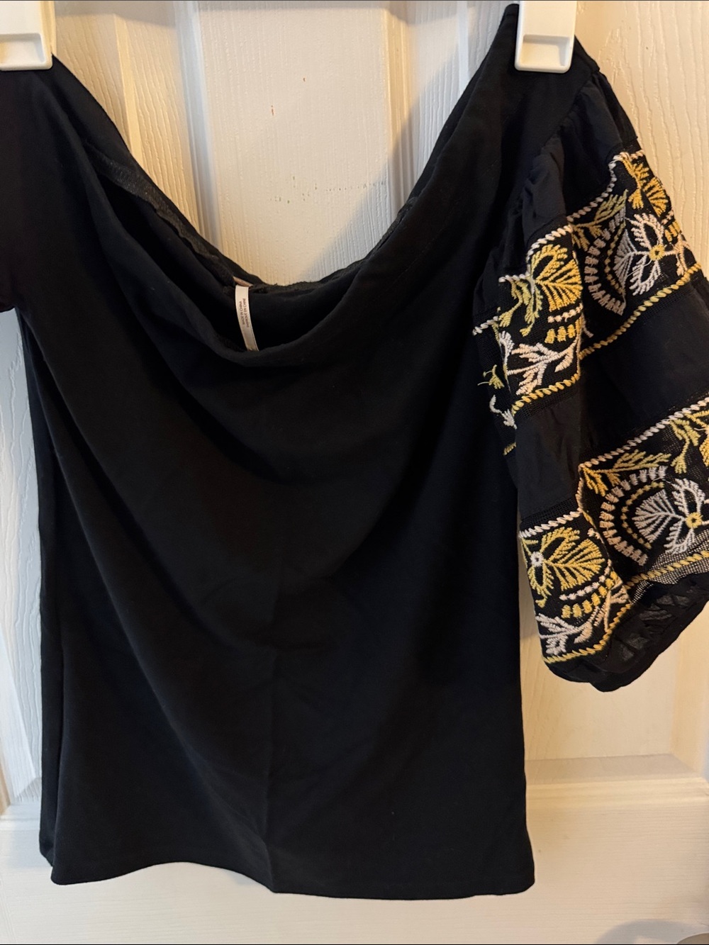Free People Black Top with Yellow and White Embroidered Sleeves